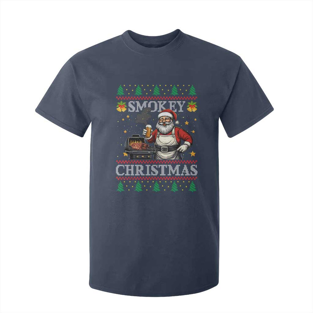 Funny Xmas Grilling T Shirt For Kid Smokey Christmas BBQ Santa Grill Roast On Smoker TS09 Navy Print Your Wear