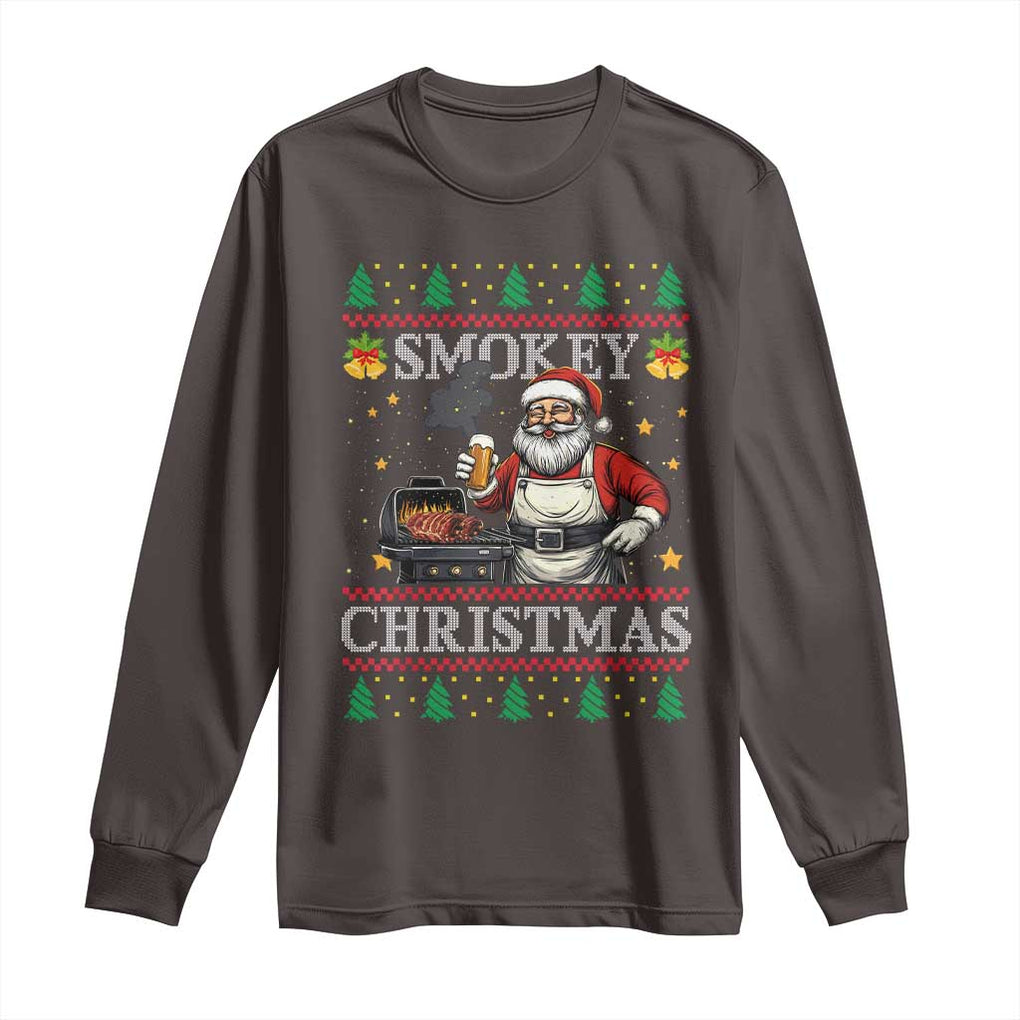 Funny Xmas Grilling Long Sleeve Shirt Smokey Christmas BBQ Santa Grill Roast On Smoker TS09 Dark Chocolate Print Your Wear