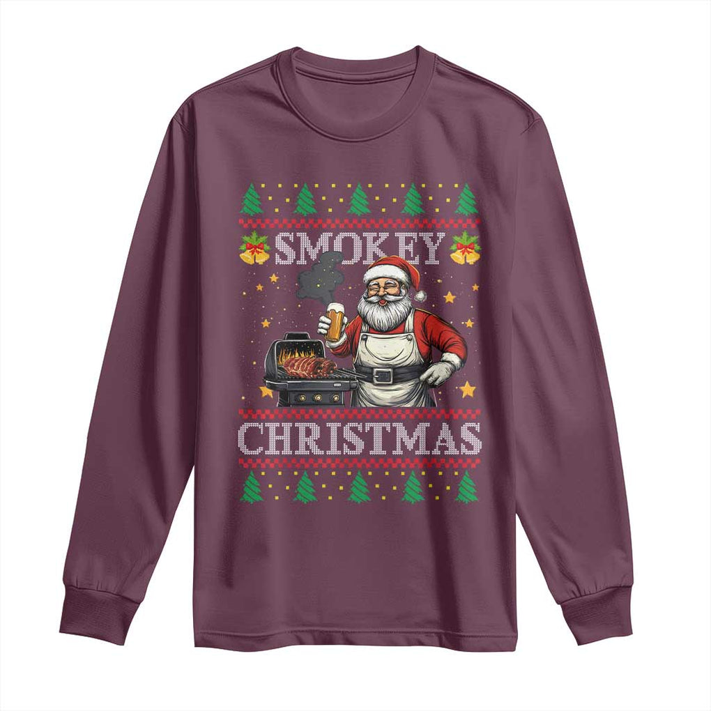 Funny Xmas Grilling Long Sleeve Shirt Smokey Christmas BBQ Santa Grill Roast On Smoker TS09 Maroon Print Your Wear