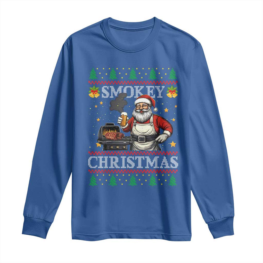 Funny Xmas Grilling Long Sleeve Shirt Smokey Christmas BBQ Santa Grill Roast On Smoker TS09 Royal Blue Print Your Wear