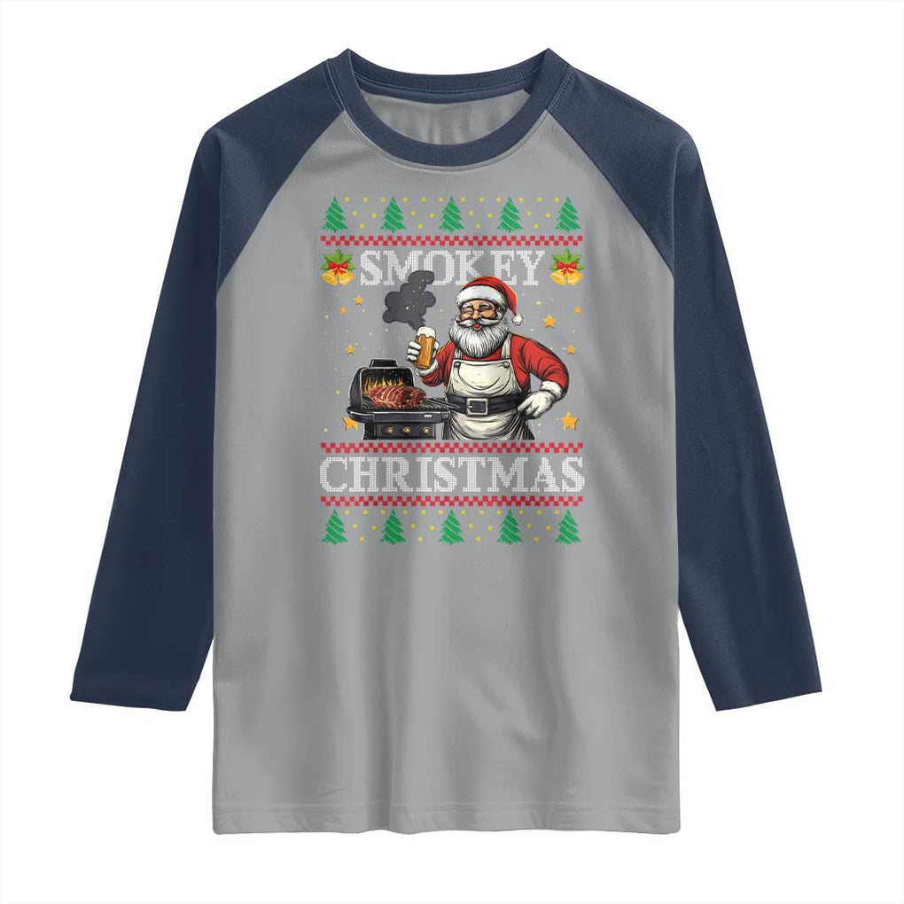 Funny Xmas Grilling Raglan Shirt Smokey Christmas BBQ Santa Grill Roast On Smoker TS09 Sport Gray Navy Print Your Wear