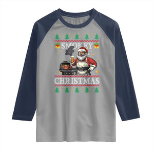 Funny Xmas Grilling Raglan Shirt Smokey Christmas BBQ Santa Grill Roast On Smoker TS09 Sport Gray Navy Print Your Wear