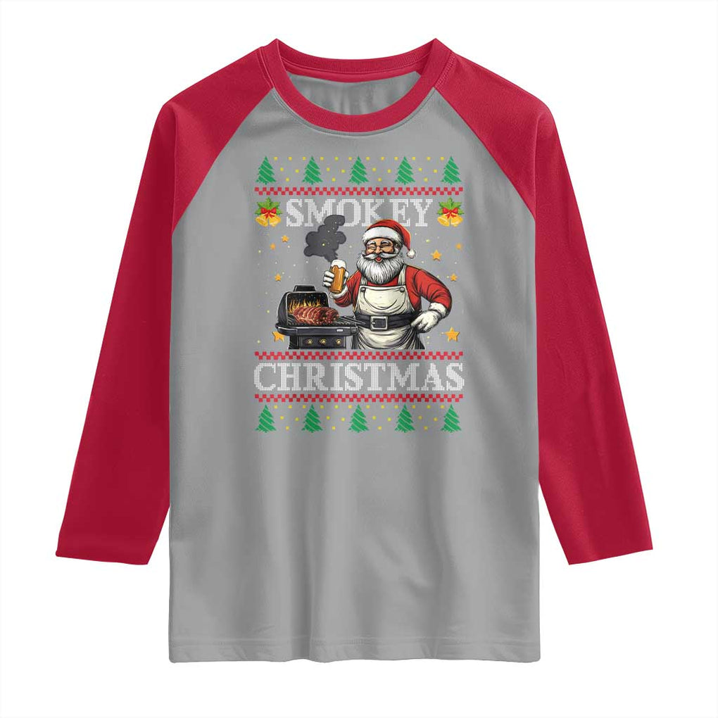 Funny Xmas Grilling Raglan Shirt Smokey Christmas BBQ Santa Grill Roast On Smoker TS09 Sport Gray Red Print Your Wear