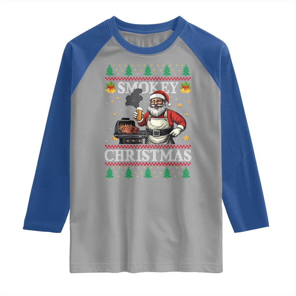 Funny Xmas Grilling Raglan Shirt Smokey Christmas BBQ Santa Grill Roast On Smoker TS09 Sport Gray Royal Print Your Wear