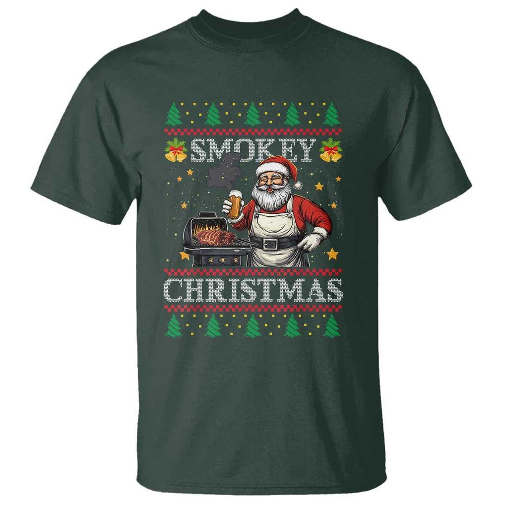Funny Xmas Grilling T Shirt Smokey Christmas BBQ Santa Grill Roast On Smoker TS09 Dark Forest Green Print Your Wear
