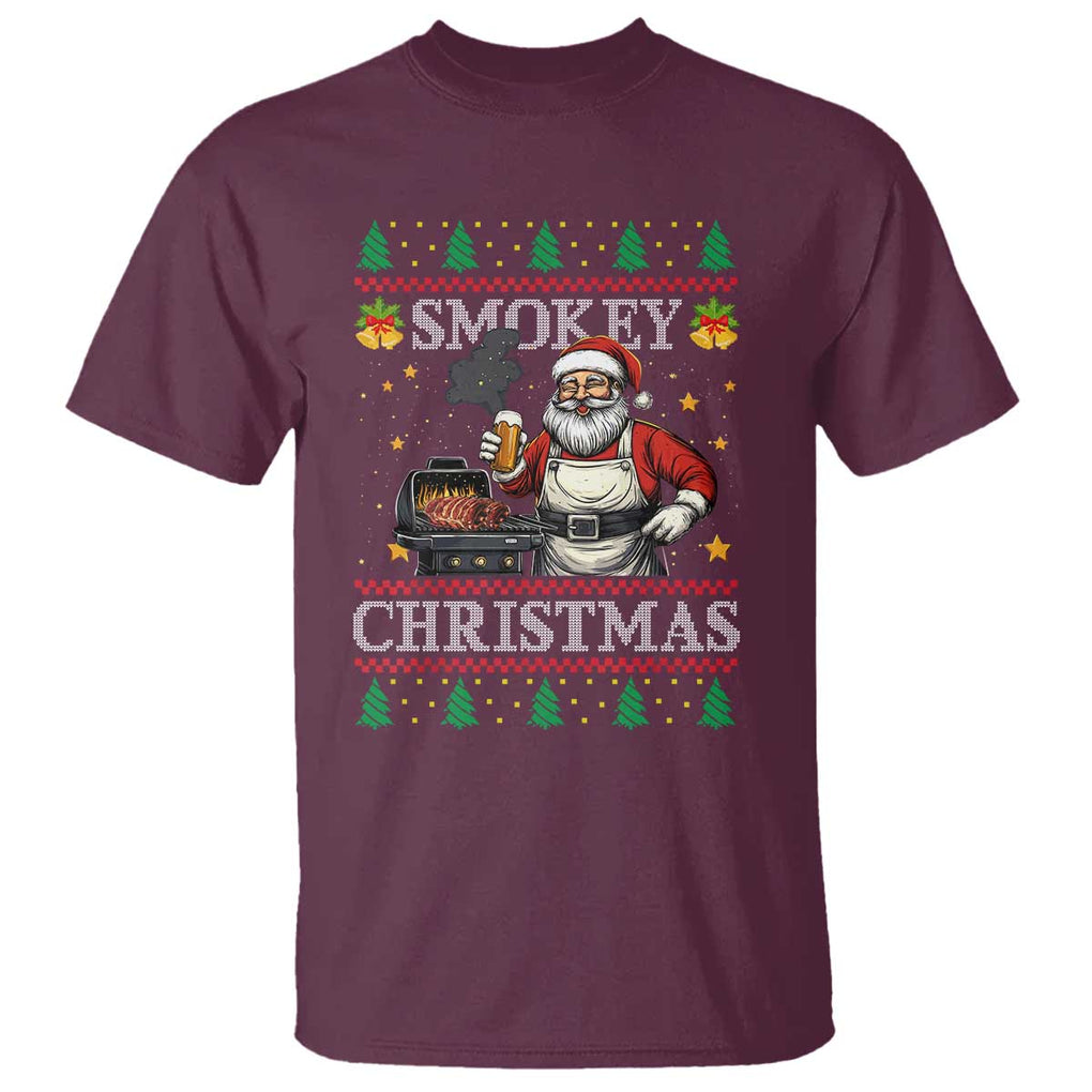 Funny Xmas Grilling T Shirt Smokey Christmas BBQ Santa Grill Roast On Smoker TS09 Maroon Print Your Wear