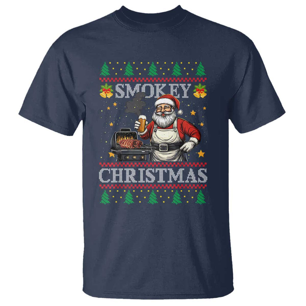 Funny Xmas Grilling T Shirt Smokey Christmas BBQ Santa Grill Roast On Smoker TS09 Navy Print Your Wear