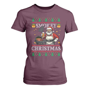 Funny Xmas Grilling T Shirt For Women Smokey Christmas BBQ Santa Grill Roast On Smoker TS09 Maroon Print Your Wear