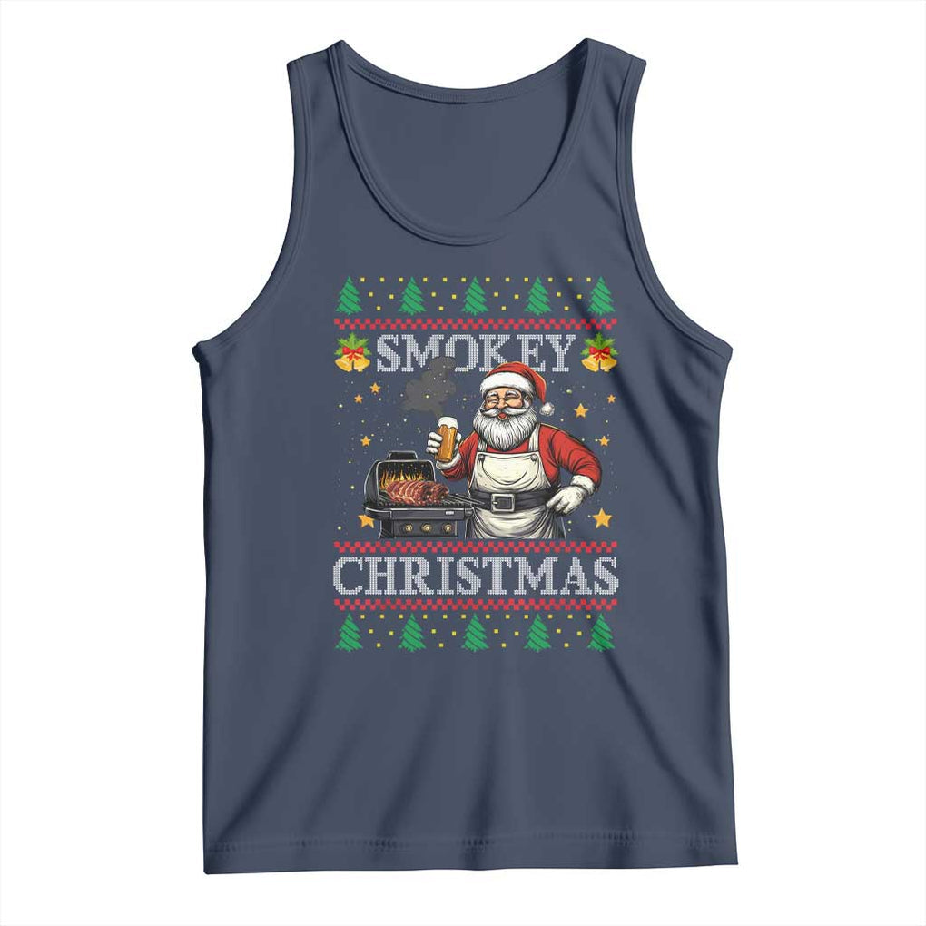 Funny Xmas Grilling Tank Top Smokey Christmas BBQ Santa Grill Roast On Smoker TS09 Navy Print Your Wear