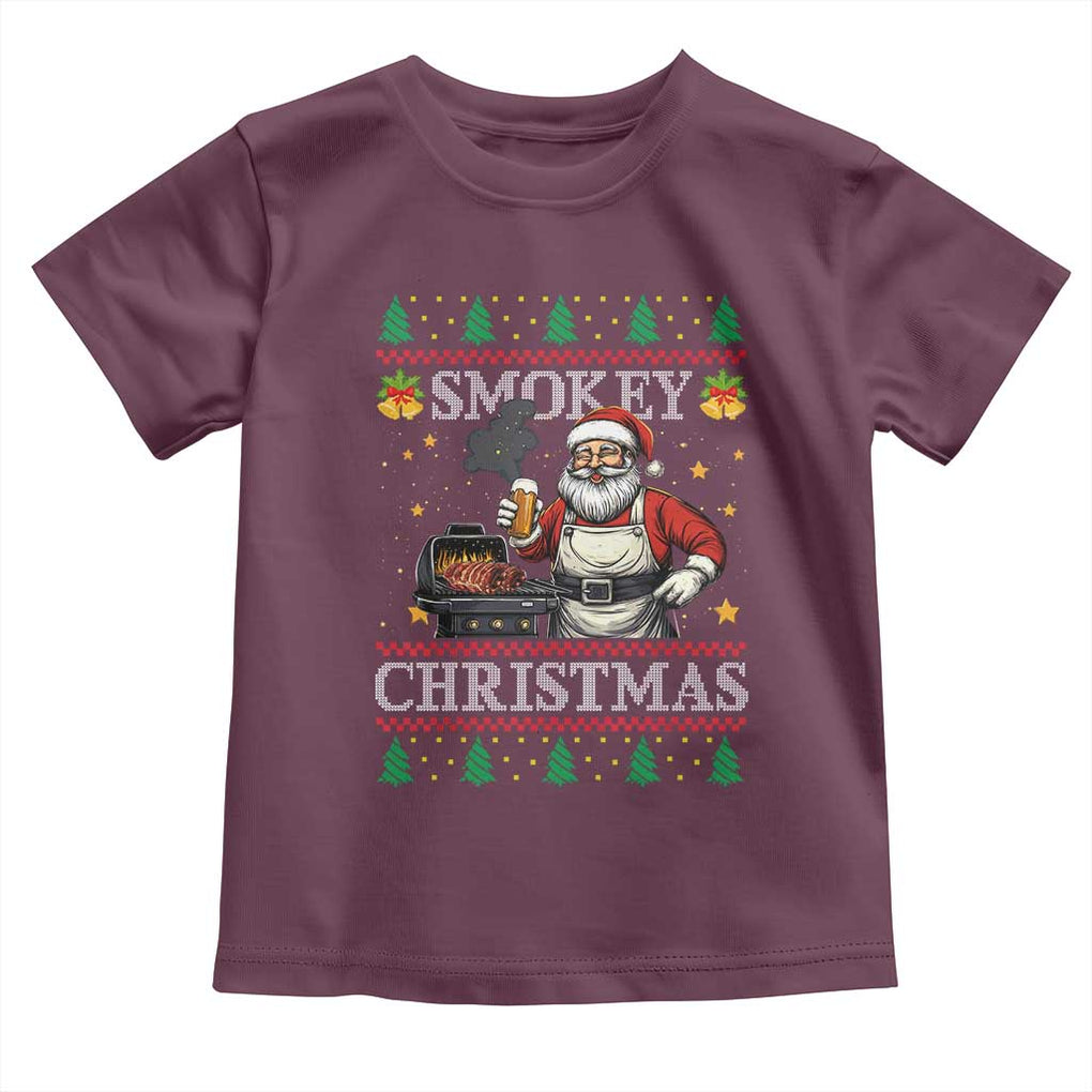 Funny Xmas Grilling Toddler T Shirt Smokey Christmas BBQ Santa Grill Roast On Smoker TS09 Maroon Print Your Wear