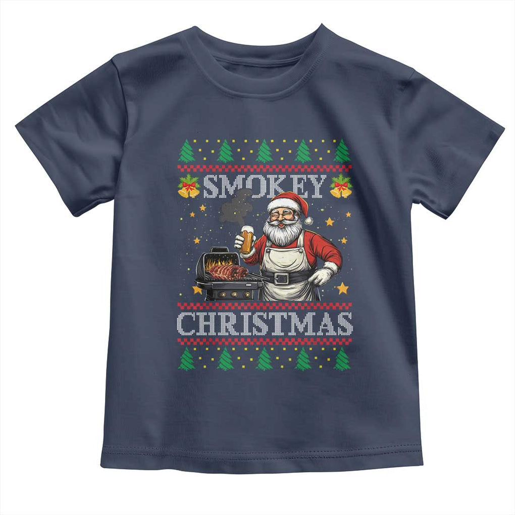 Funny Xmas Grilling Toddler T Shirt Smokey Christmas BBQ Santa Grill Roast On Smoker TS09 Navy Print Your Wear