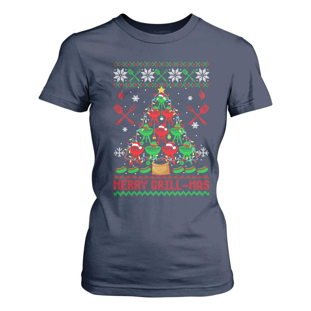 Funny Xmas Grilling T Shirt For Women Merry Grill Mas Santa Grilling BBQ Smoking Meat TS09 Navy Print Your Wear