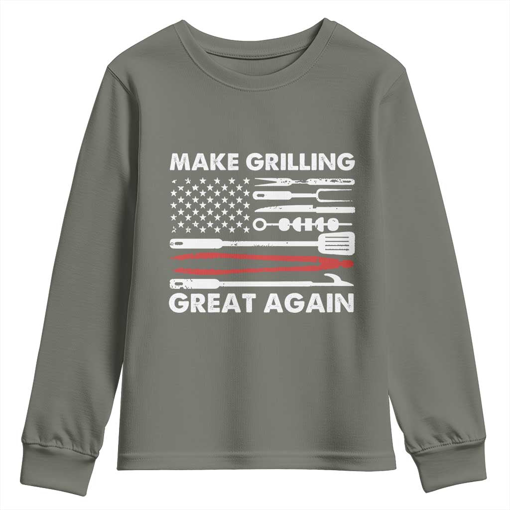 Funny BBQ Grilling Pitmaster Youth Sweatshirt Make Grilling Great Again Chef Smoking Tools TS09 Military Green Print Your Wear