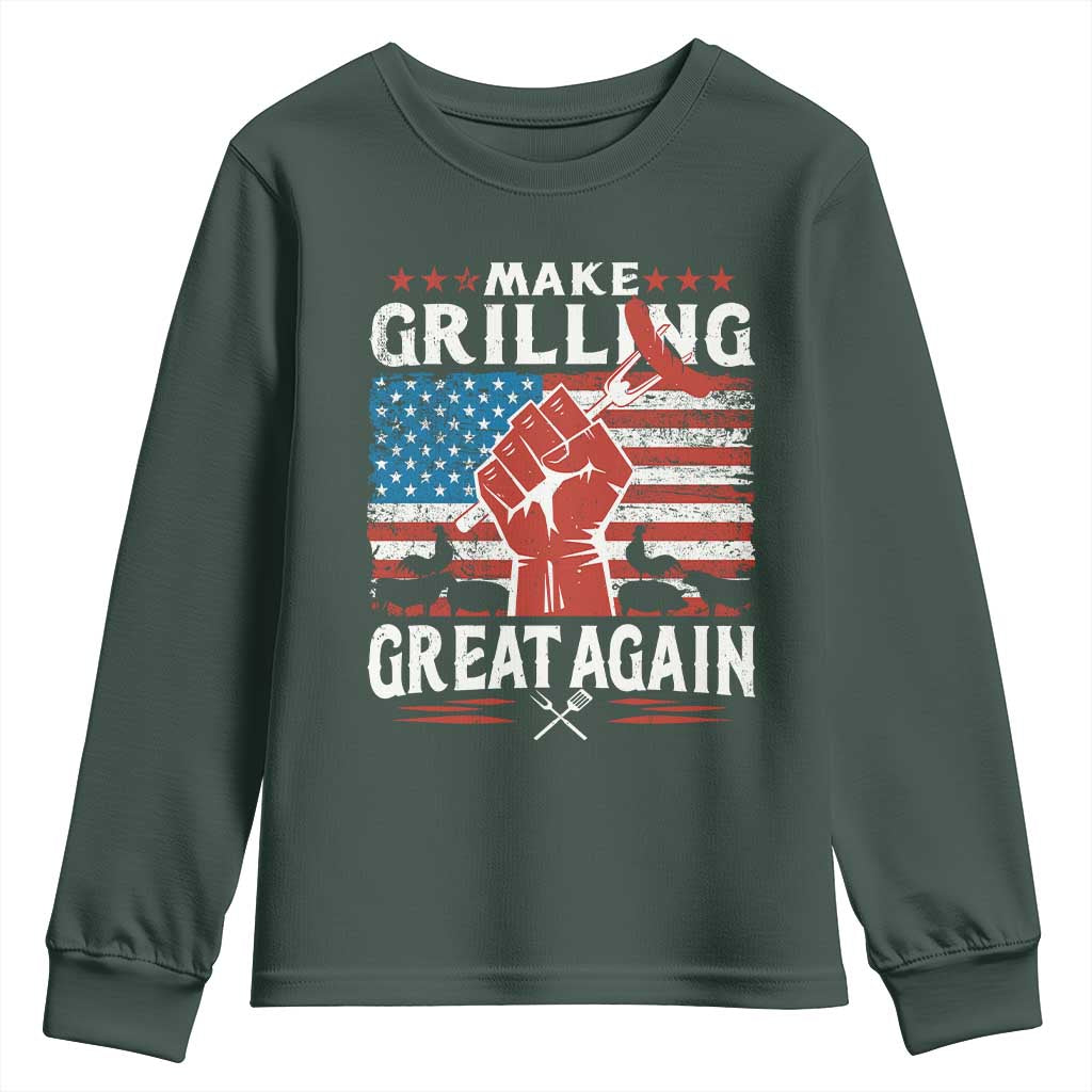 Funny BBQ Lover Youth Sweatshirt Make Grilling Great Again Smoker Grill Sausages TS09 Dark Forest Green Print Your Wear