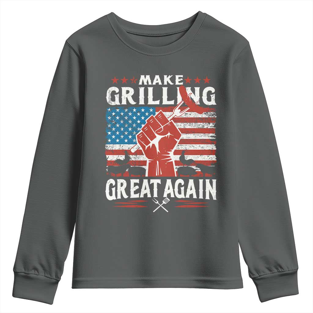 Funny BBQ Lover Youth Sweatshirt Make Grilling Great Again Smoker Grill Sausages TS09 Dark Heather Print Your Wear