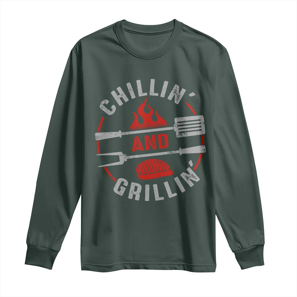 Funny BBQ Lover Long Sleeve Shirt Chillin And Grillin Smoker Grilling Pitmaster TS09 Dark Forest Green Print Your Wear