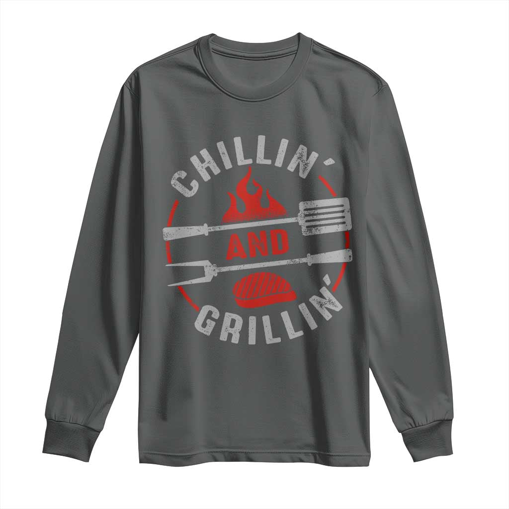 Funny BBQ Lover Long Sleeve Shirt Chillin And Grillin Smoker Grilling Pitmaster TS09 Dark Heather Print Your Wear