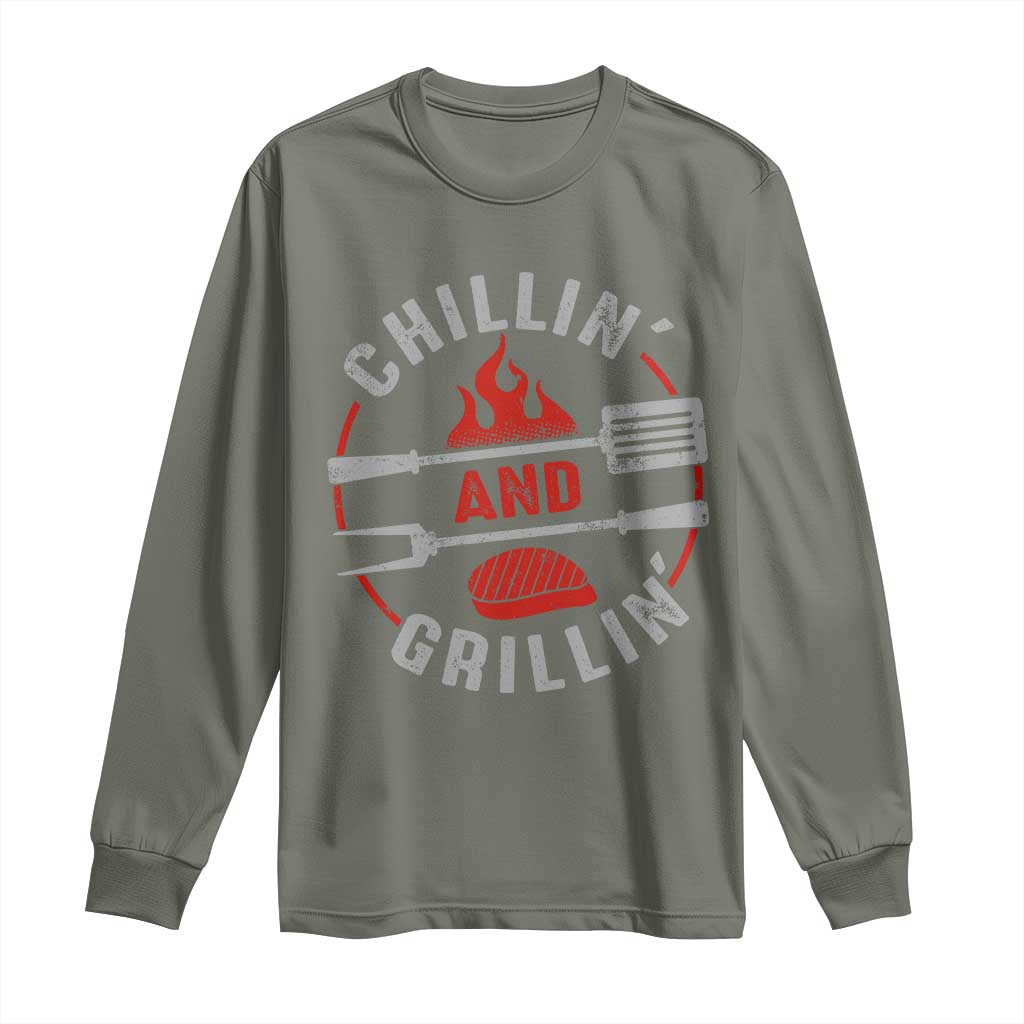 Funny BBQ Lover Long Sleeve Shirt Chillin And Grillin Smoker Grilling Pitmaster TS09 Military Green Print Your Wear