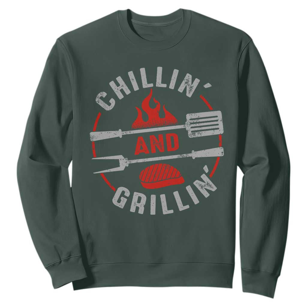 Funny BBQ Lover Sweatshirt Chillin And Grillin Smoker Grilling Pitmaster TS09 Dark Forest Green Print Your Wear