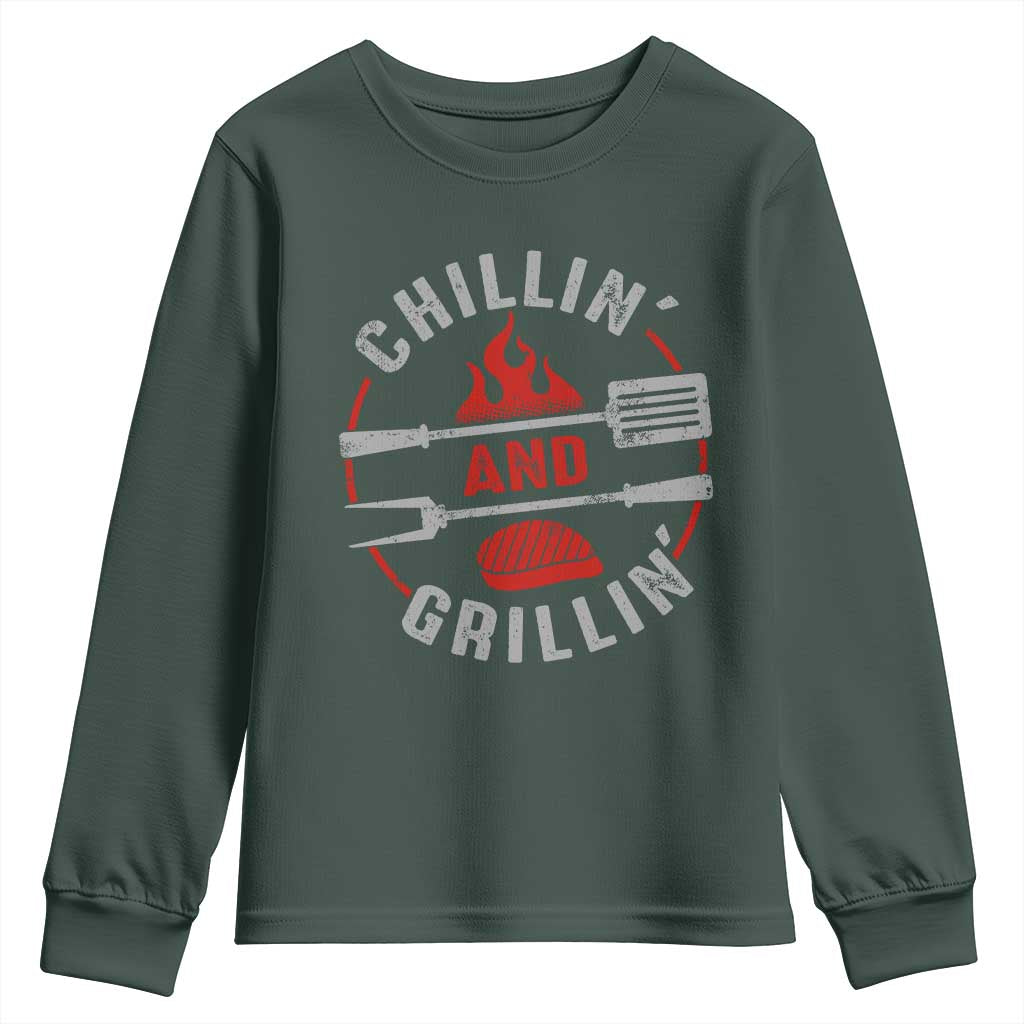 Funny BBQ Lover Youth Sweatshirt Chillin And Grillin Smoker Grilling Pitmaster TS09 Dark Forest Green Print Your Wear