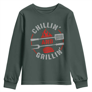 Funny BBQ Lover Youth Sweatshirt Chillin And Grillin Smoker Grilling Pitmaster TS09 Dark Forest Green Print Your Wear