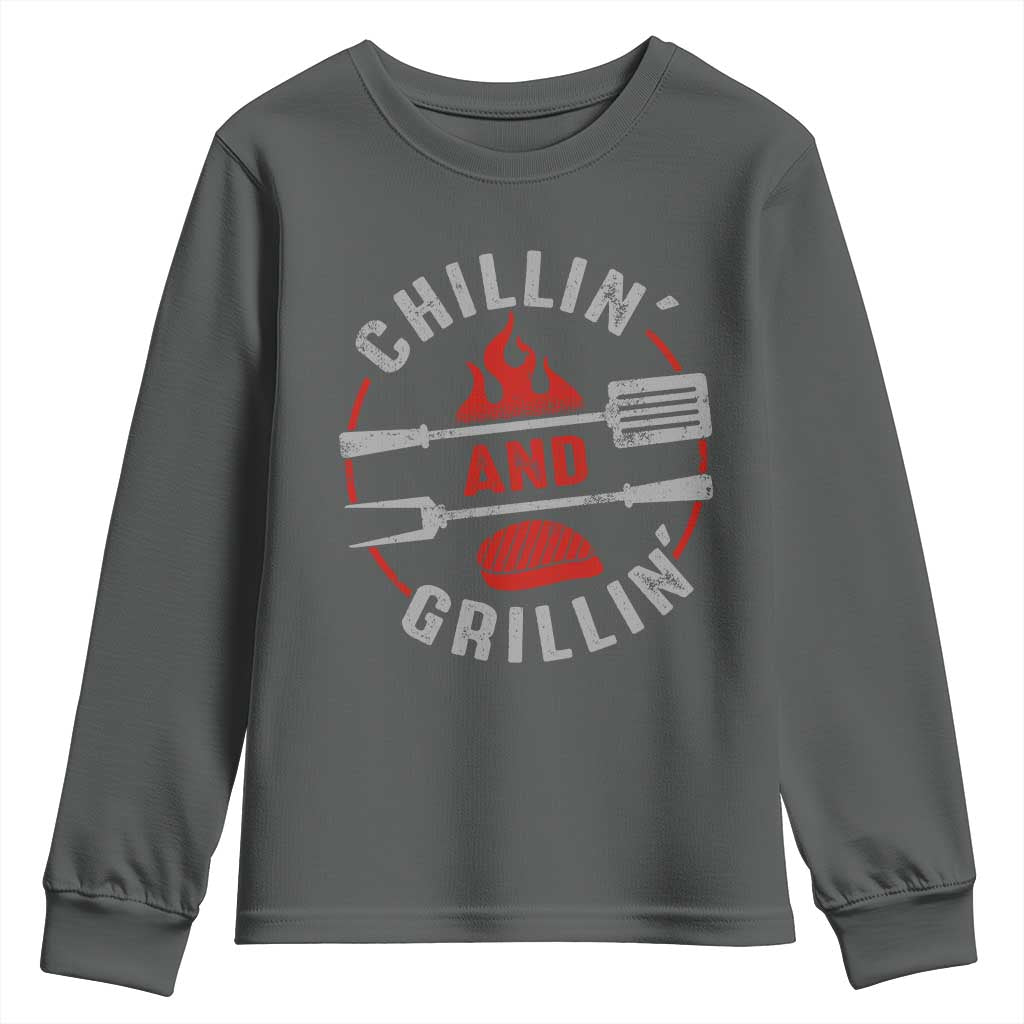 Funny BBQ Lover Youth Sweatshirt Chillin And Grillin Smoker Grilling Pitmaster TS09 Dark Heather Print Your Wear