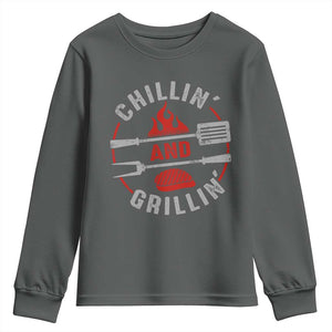 Funny BBQ Lover Youth Sweatshirt Chillin And Grillin Smoker Grilling Pitmaster TS09 Dark Heather Print Your Wear