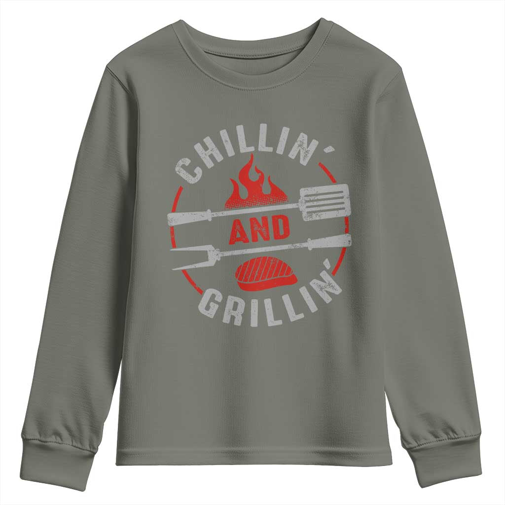 Funny BBQ Lover Youth Sweatshirt Chillin And Grillin Smoker Grilling Pitmaster TS09 Military Green Print Your Wear