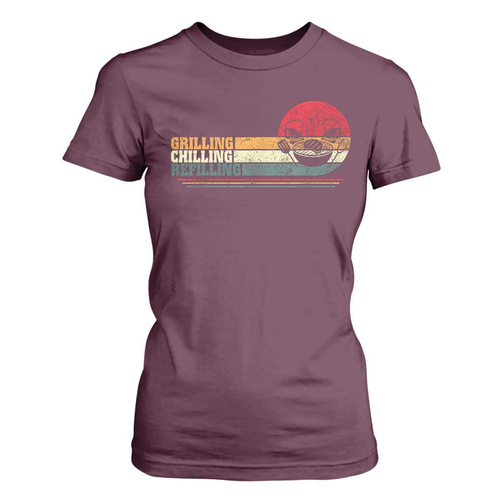 Funny BBQ Lover T Shirt For Women Grilling Chillin' Refillin Beer Drinking Smoker Grilling Pitmaster TS09 Maroon Print Your Wear