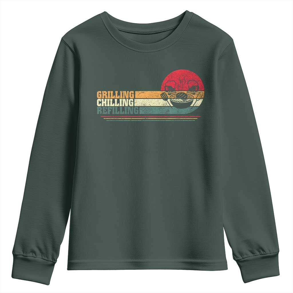Funny BBQ Lover Youth Sweatshirt Grilling Chillin' Refillin Beer Drinking Smoker Grilling Pitmaster TS09 Dark Forest Green Print Your Wear