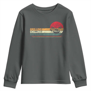 Funny BBQ Lover Youth Sweatshirt Grilling Chillin' Refillin Beer Drinking Smoker Grilling Pitmaster TS09 Dark Heather Print Your Wear