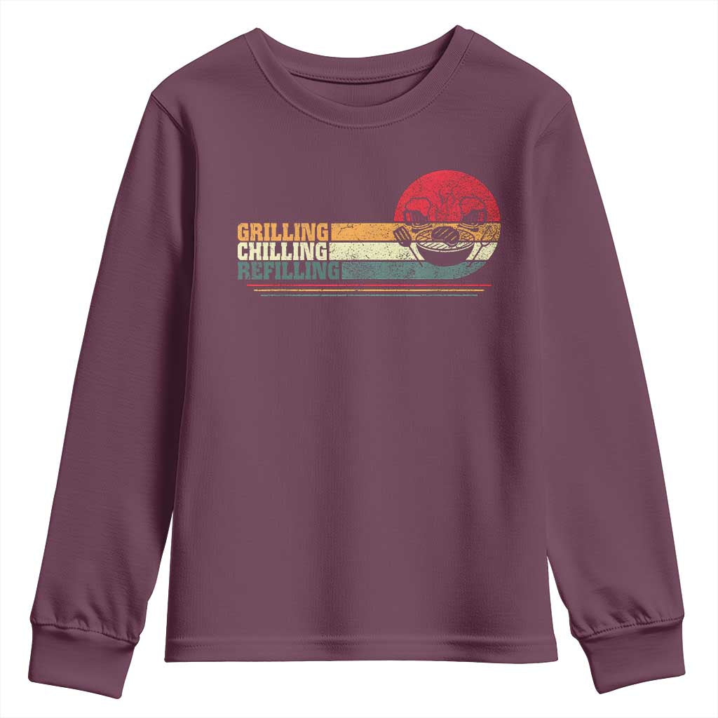 Funny BBQ Lover Youth Sweatshirt Grilling Chillin' Refillin Beer Drinking Smoker Grilling Pitmaster TS09 Maroon Print Your Wear