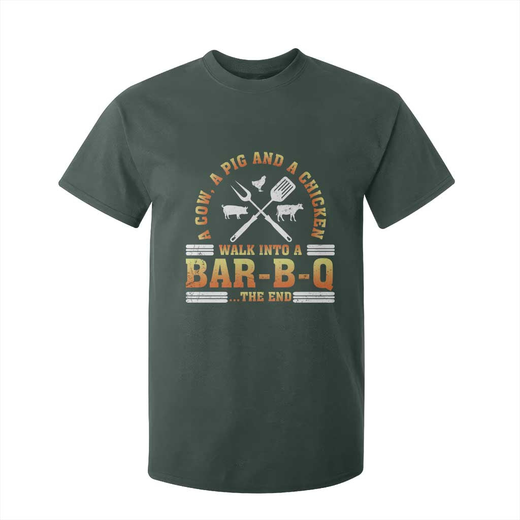 Funny BBQ Lover T Shirt For Kid A Cow A Pig And A Chicken Walk Into A Bar B Q Barbecue Pitmaster TS09 Dark Forest Green Print Your Wear