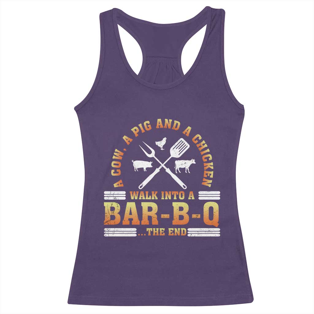 Funny BBQ Lover Racerback Tank Top A Cow A Pig And A Chicken Walk Into A Bar B Q Barbecue Pitmaster TS09 Purple Print Your Wear