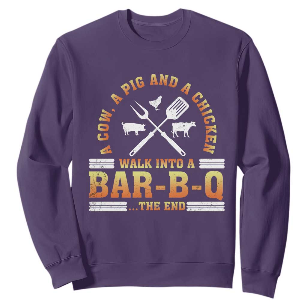 Funny BBQ Lover Sweatshirt A Cow A Pig And A Chicken Walk Into A Bar B Q Barbecue Pitmaster TS09 Purple Print Your Wear