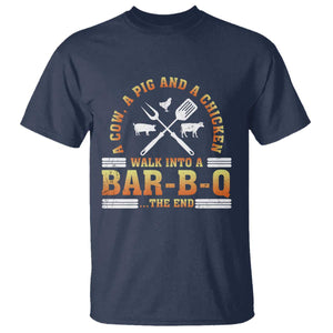 Funny BBQ Lover T Shirt A Cow A Pig And A Chicken Walk Into A Bar B Q Barbecue Pitmaster TS09 Navy Print Your Wear