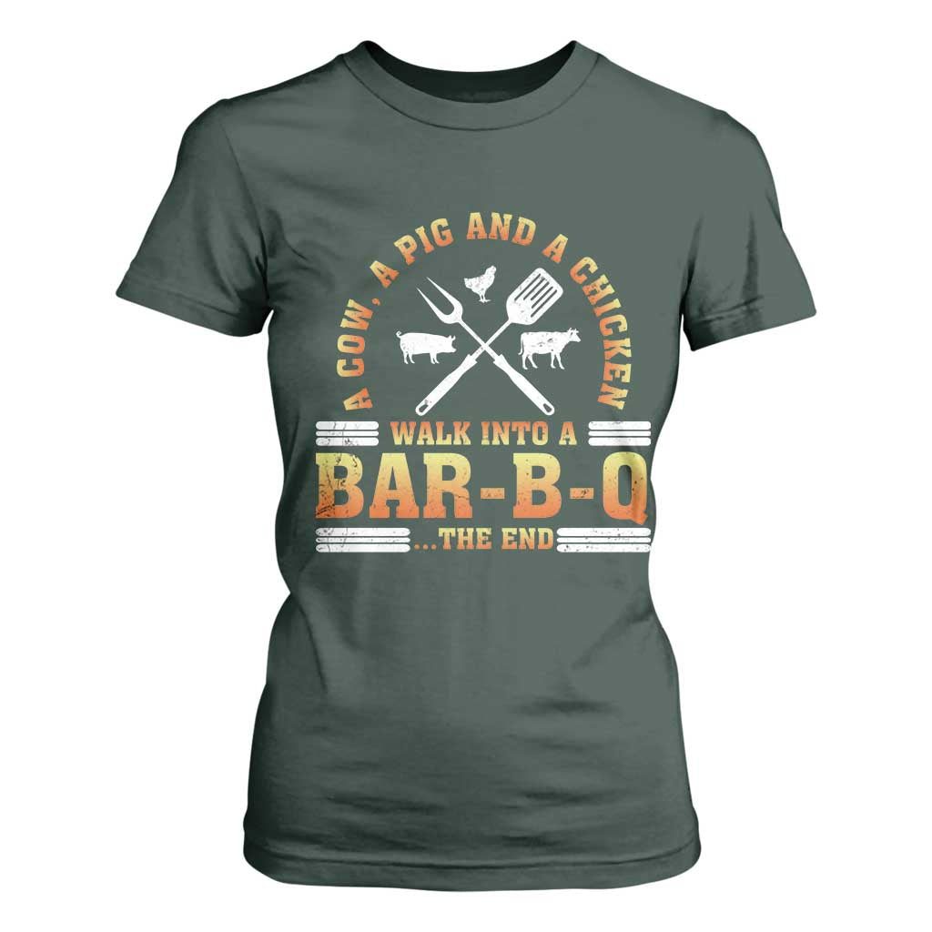 Funny BBQ Lover T Shirt For Women A Cow A Pig And A Chicken Walk Into A Bar B Q Barbecue Pitmaster TS09 Dark Forest Green Print Your Wear