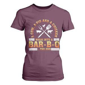 Funny BBQ Lover T Shirt For Women A Cow A Pig And A Chicken Walk Into A Bar B Q Barbecue Pitmaster TS09 Maroon Print Your Wear