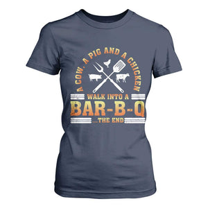 Funny BBQ Lover T Shirt For Women A Cow A Pig And A Chicken Walk Into A Bar B Q Barbecue Pitmaster TS09 Navy Print Your Wear