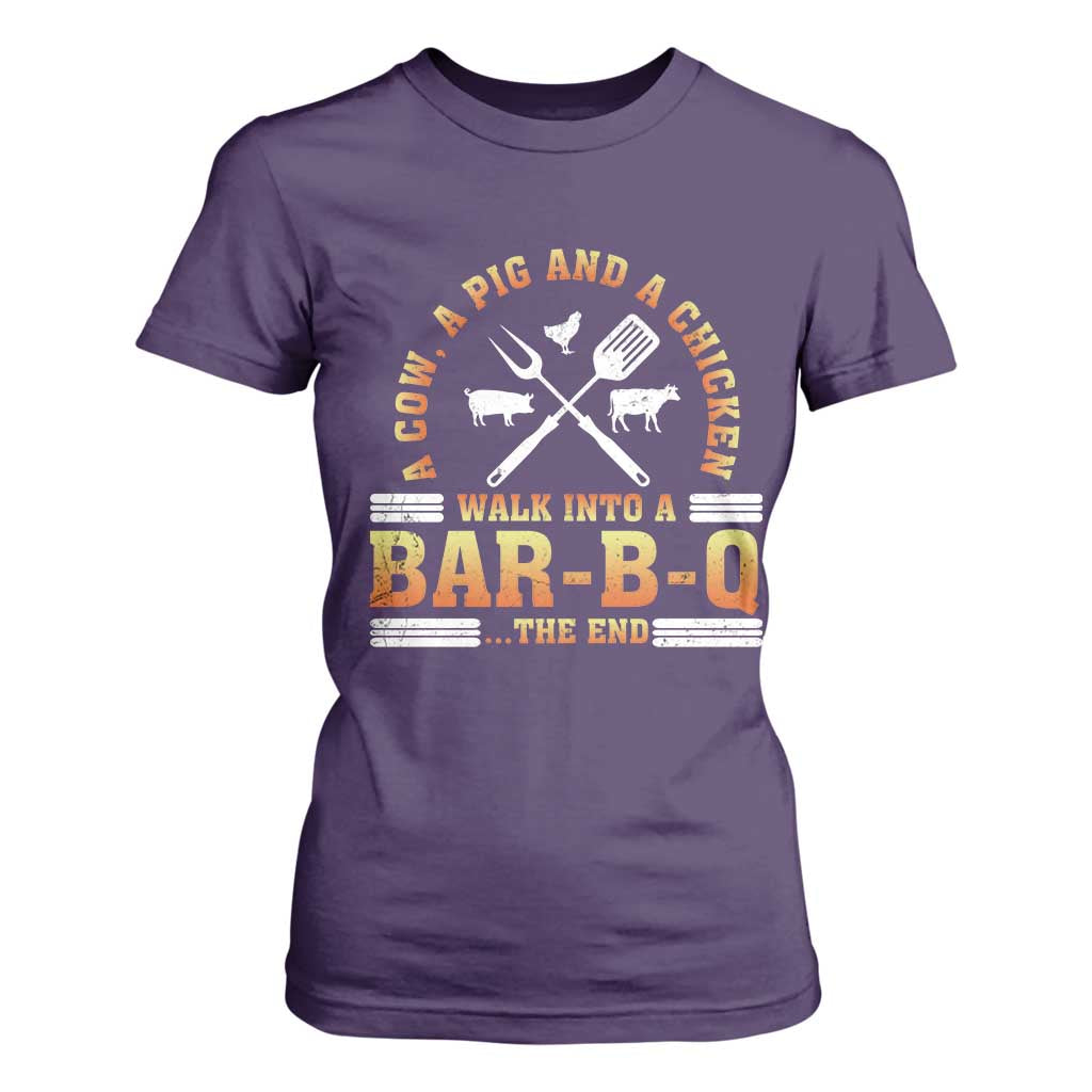 Funny BBQ Lover T Shirt For Women A Cow A Pig And A Chicken Walk Into A Bar B Q Barbecue Pitmaster TS09 Purple Print Your Wear