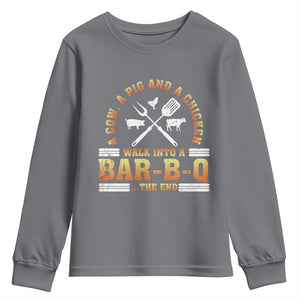 Funny BBQ Lover Youth Sweatshirt A Cow A Pig And A Chicken Walk Into A Bar B Q Barbecue Pitmaster TS09 Charcoal Print Your Wear