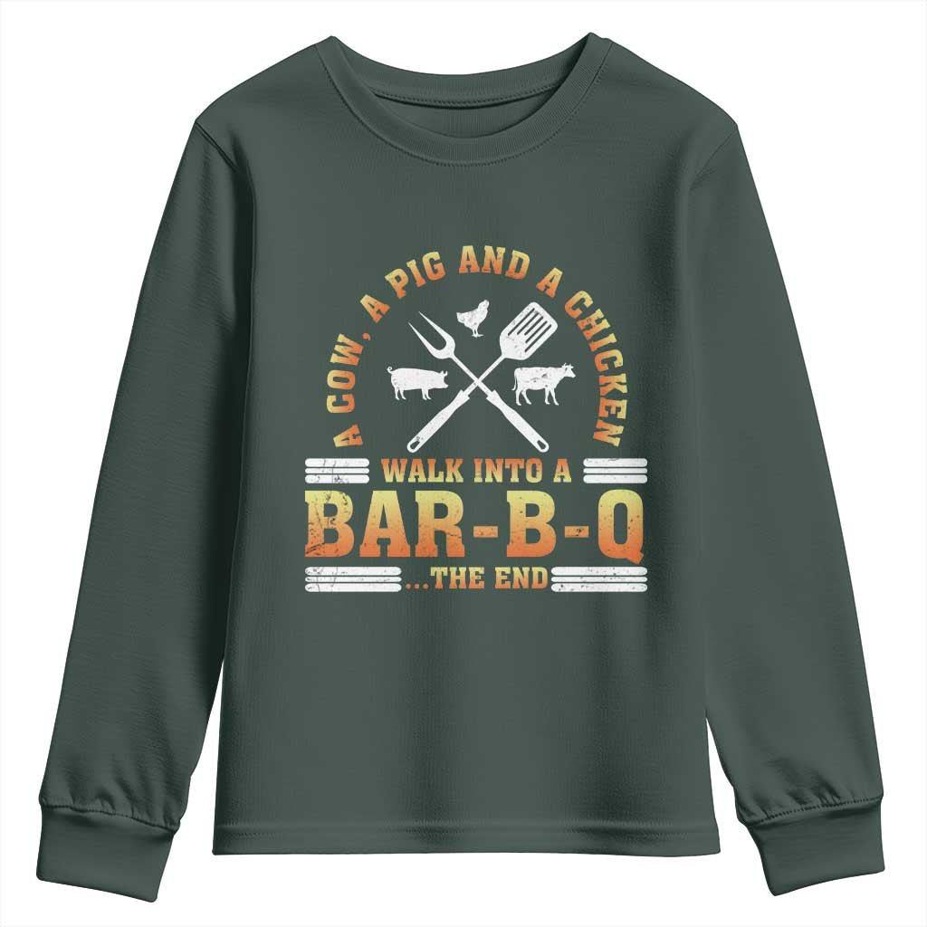 Funny BBQ Lover Youth Sweatshirt A Cow A Pig And A Chicken Walk Into A Bar B Q Barbecue Pitmaster TS09 Dark Forest Green Print Your Wear