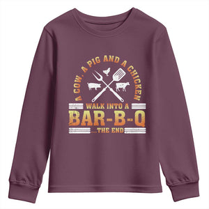 Funny BBQ Lover Youth Sweatshirt A Cow A Pig And A Chicken Walk Into A Bar B Q Barbecue Pitmaster TS09 Maroon Print Your Wear