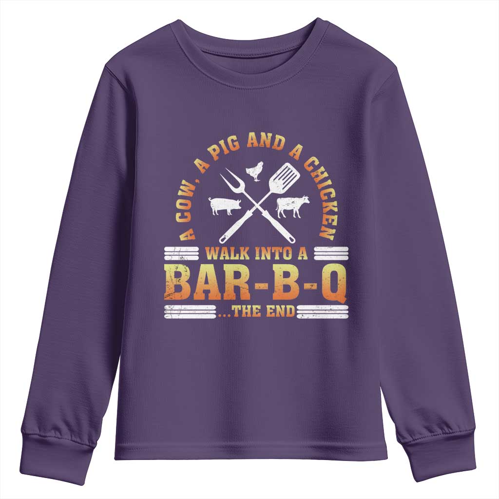 Funny BBQ Lover Youth Sweatshirt A Cow A Pig And A Chicken Walk Into A Bar B Q Barbecue Pitmaster TS09 Purple Print Your Wear