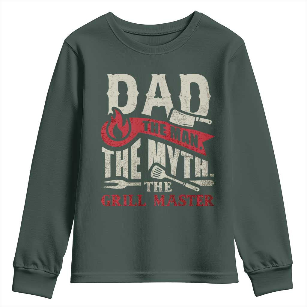 Funny BBQ Grilling Pitmaster Youth Sweatshirt Dad The Man The Myth The Grill Master TS09 Dark Forest Green Print Your Wear