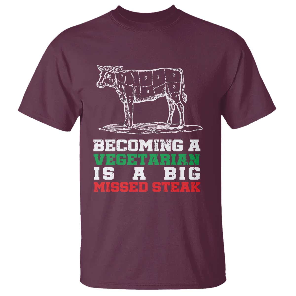 Vegetarian Jokes T Shirt Becoming A Vegetarian Is A Big Missed Steak TS09 Maroon Print Your Wear