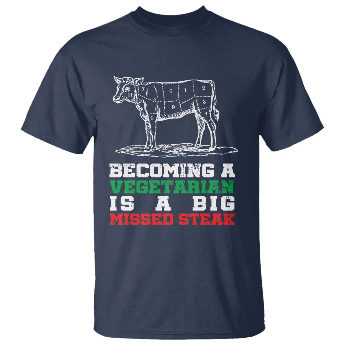 Vegetarian Jokes T Shirt Becoming A Vegetarian Is A Big Missed Steak TS09 Navy Print Your Wear