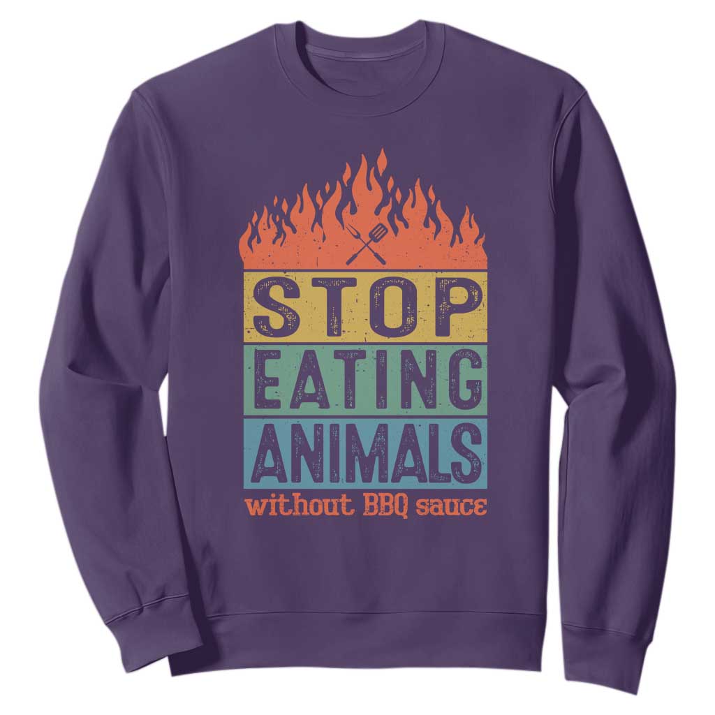 Funny BBQ Lover Sweatshirt Stop Eating Animals Without BBQ Sauce Anti Vegan Jokes TS09 Purple Print Your Wear