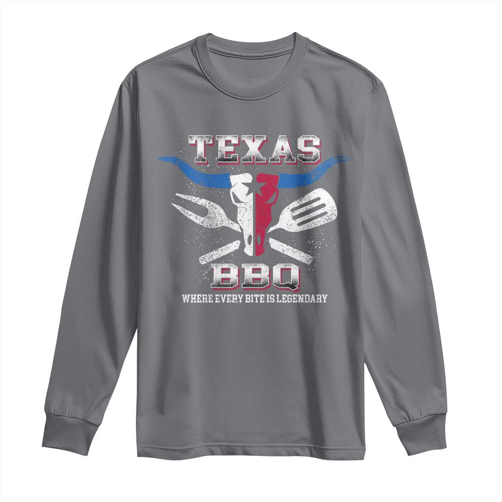 Texas BBQ Lover Long Sleeve Shirt Where Every Bite Is Legendary Texan Flag TS09 Charcoal Print Your Wear