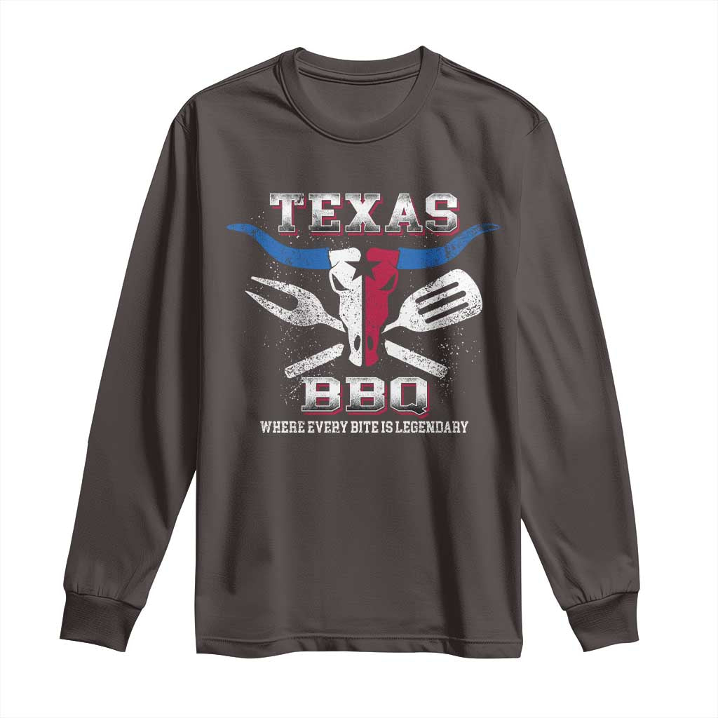 Texas BBQ Lover Long Sleeve Shirt Where Every Bite Is Legendary Texan Flag TS09 Dark Chocolate Print Your Wear